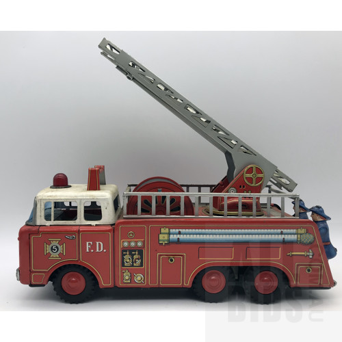 Vintage Tin Friction Drive Ford Fire Truck - Made In Japan