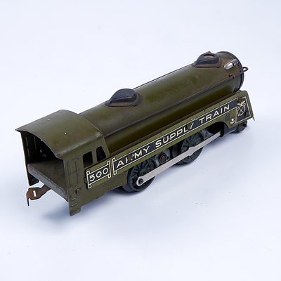 Vintage Army Supply Train Iron and Tin Motorised O Scale Model Locomotive