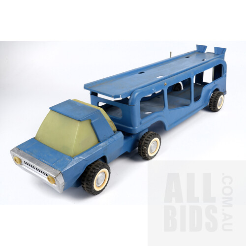 Vintage Buddy L Auto Transport Car Carrier Hauler Blue Pressed Steel Steerable - Made In USA