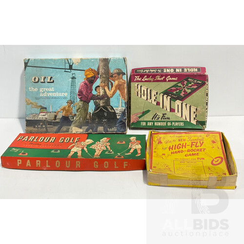 Vintage Board Games, Oil the Great Adventure, Hole in One, Parlour Golf, High Fly Hand Rocket Game