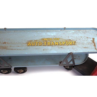 Vintage Wyn Toy Australian Tin Auto Transport Truck - Red Cab, Blue Trailer