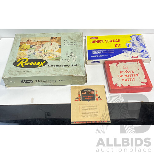 Vintage Russex Chemistry Set, Senior Size, Russex Chemistry Outfit, Eveready Junior Science Kit and Vac Tour Super Plume Mobiloil Board Game All Australian Made