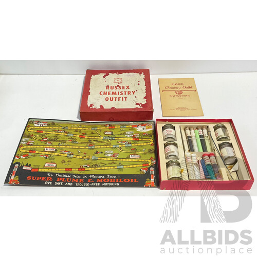 Vintage Russex Chemistry Set, Senior Size, Russex Chemistry Outfit, Eveready Junior Science Kit and Vac Tour Super Plume Mobiloil Board Game All Australian Made
