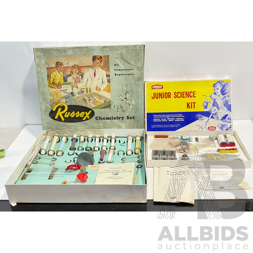 Vintage Russex Chemistry Set, Senior Size, Russex Chemistry Outfit, Eveready Junior Science Kit and Vac Tour Super Plume Mobiloil Board Game All Australian Made