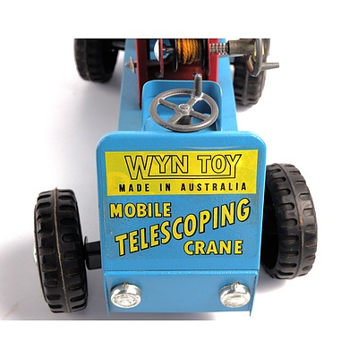 Vintage Wyn Toy Australia Tin Mobile Telescoping Crane - Blue Body, Red Jib