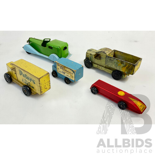 Selection of Vintage Toys Including Toycraft Race Car With the Herald Atomic Age Industrial Exhibition 1948 Sticker