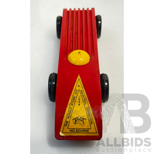 Selection of Vintage Toys Including Toycraft Race Car With the Herald Atomic Age Industrial Exhibition 1948 Sticker