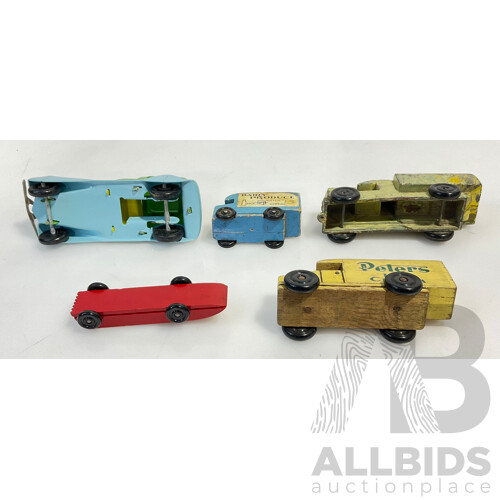 Selection of Vintage Toys Including Toycraft Race Car With the Herald Atomic Age Industrial Exhibition 1948 Sticker