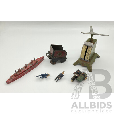 Vintage Dinky Toys Cast Motorcycle and Side Car, Fire Fighters, Cast Lead Ship, Wyn Toys Locomotive Tender and Toy Scales