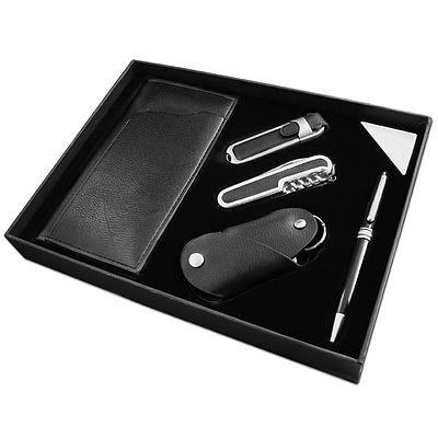 Gentleman's 5 Piece Leather Wallet, Pen, Utility Pocket Knife, USB Drive And Key Ring Set  - Lot Of Five