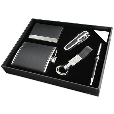 Gentleman's 5 Piece Leather Cased Hip Flask, Pen, Utility Pocket Knife, Key Ring And Card Holder Set  - Lot Of Five