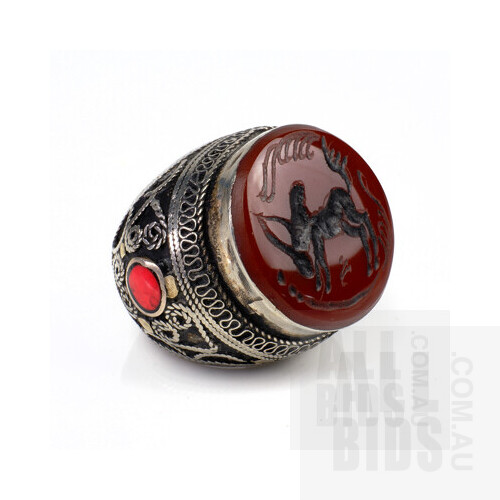 Tibetan Silver, Chalcedony and Coral Seal Ring