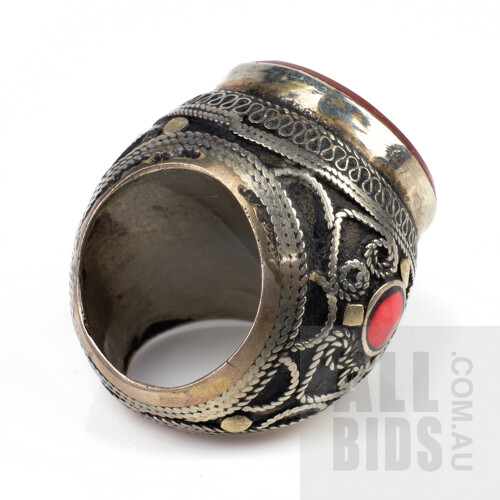 Tibetan Silver, Chalcedony and Coral Seal Ring