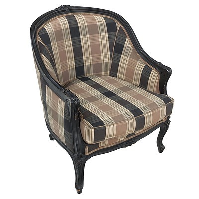 French Antique Style Armchair with Check Fabric Upholstery