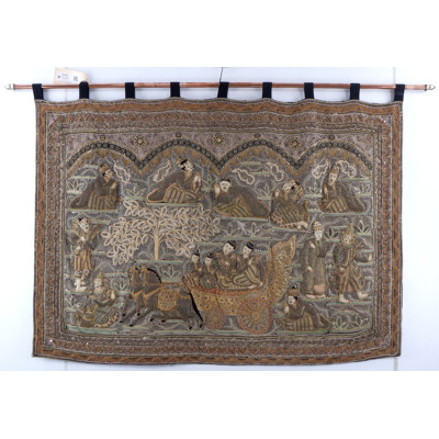 Vintage Burmese Kalaga Tapestry - Heavily Embroidered and Sequinned Wall hanging Depicting eatern Royal Coach Worshipper
