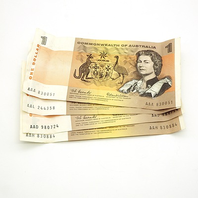 Four Commonwealth of Australia Coombs / Wilson $1 Notes, AAA830051, AAL244358, AAD980724, AAH830884