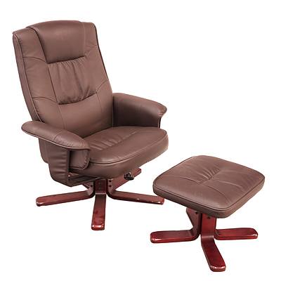 Dark Tan Faux Leather Reclining Armchair with Matching Ottoman