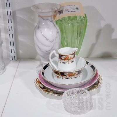 Assorted Vintage Porcelain, Pressed Glass Vase and Marble Vase