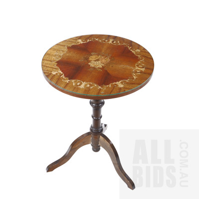 Vintage Italianate Wine Table with Inlaid Floral Decoration and Protective Glass Top