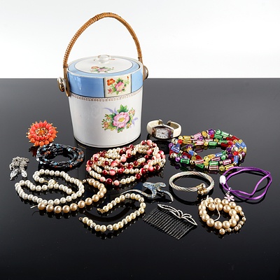 Chikarahachi Japan Hand Painted Porcelain Biscuit barrel with Cane Handle and Assorted Costume Jewellery