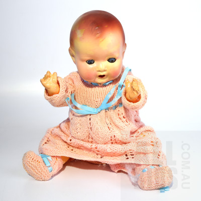 German Armand Marseille Articulated Composite Merle Doll with Hand Knitted Dress and Booties