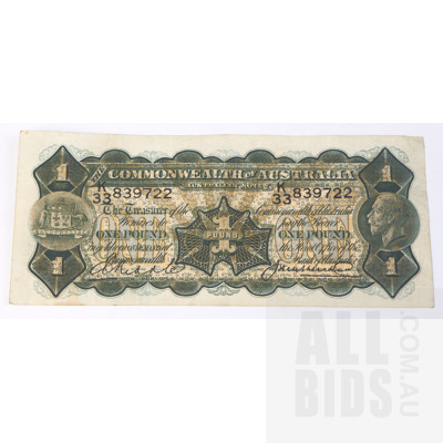 Commonwealth of Australia Riddle/ Heathershaw One Pound Banknote, K33 839722
