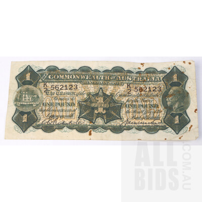 Commonwealth of Australia Riddle/ Heathershaw One Pound Banknote, K2 562123