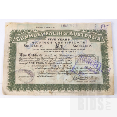 Commonwealth of Australia  One Pound Five Year Saving Certificate