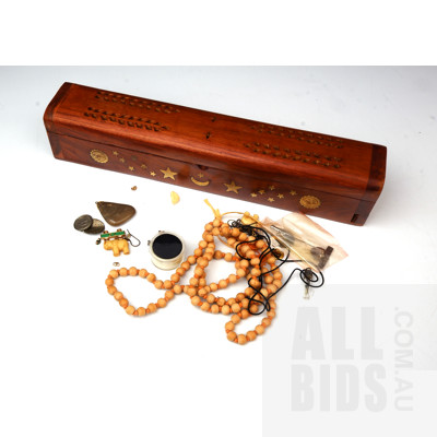 Brass and Teak Incense Holder, Pair of Bone Elephant Form Earrings, Agate Pendant and More