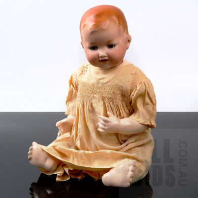 Antique Bisque Porcelain Armand Marseille German Doll in Silk dress with Movable Limbs