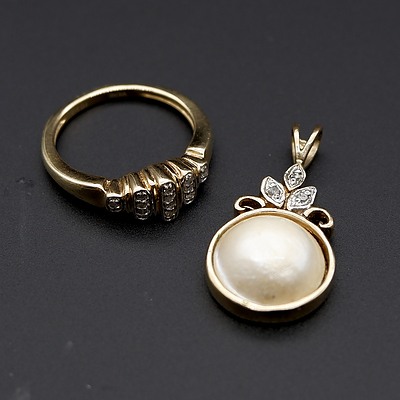 Silver Gold Plated Diamond Ring and a Mabe Pearl Pendant