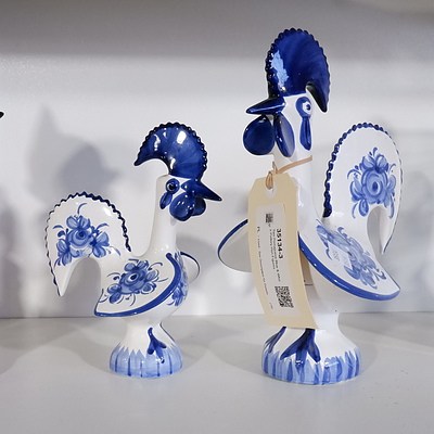 Two Portuguese Blue & White Pottery Hen Figures
