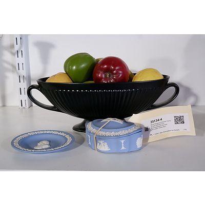 Black Wedgwood Grecian Comport with Artificial Fruit, Blue Jasperware Pin Dish and Lidded Trinket Box