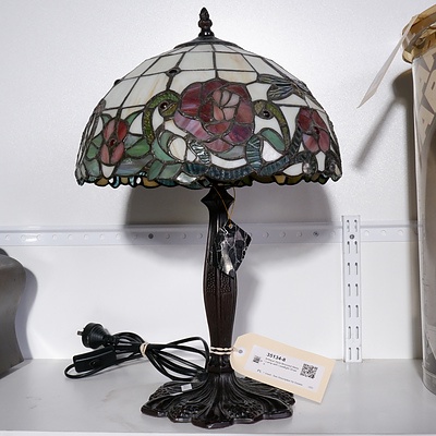 Antique Style Bronzed Metal Lamp with Leadlight Shade