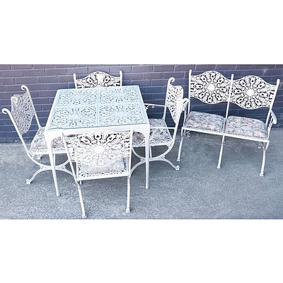 Grey Painted Cast Aluminium and Glass Outdoor Table Setting with Four Chairs and Twin Bench Seat Circa 1950's