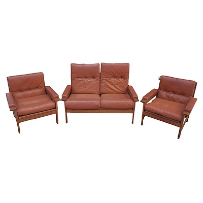 Vintage Tan Leather Two Seater Lounge with Matching Armchairs