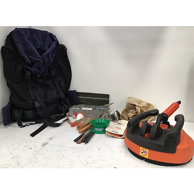 Assorted Items, Including Backpack, Fishing Tackle, Surface Cleaner