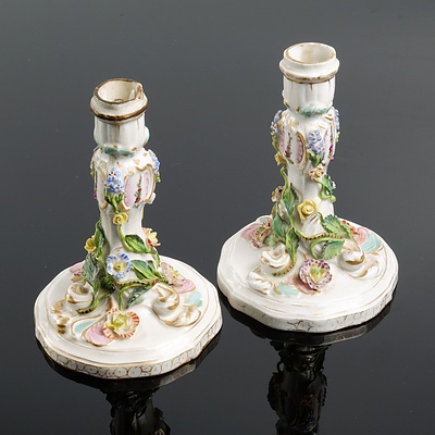 Pair of Antique Meissen Porcelain candlesticks with Floral Motif (2)