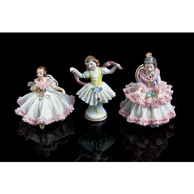 Three Antique German Dresden Lace Porcelain Figurines