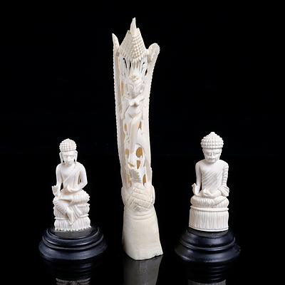 Two Eastern Carved Ivory Figures and a Carved Bone Figure