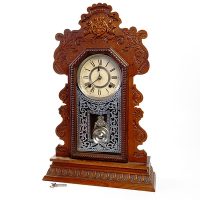 Antique Ansonia Oak Cased 8 Day Striking Mantle Clock