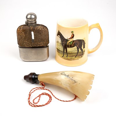 Snakeskin and Silverplate Bound Whiskey Flask, Old Foley 1865 Derby Winner Mug and Souvenir 'Winterburg' Horn (3)