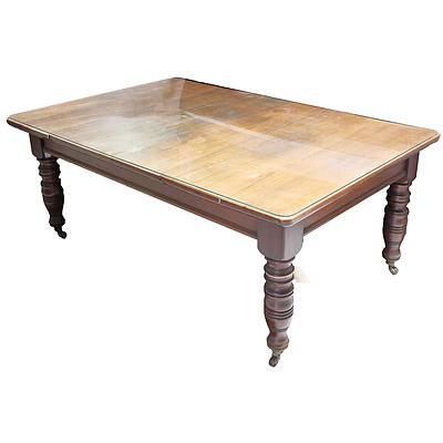 Large Late Victorian Farmhouse Dining Table in Solid Walnut with Protective Glass Top