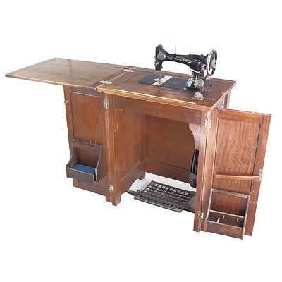 Vintage Bebarfald Bluebird Treadle Sewing Machine in Timber Cabinet
