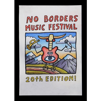 Reg Mombassa (Chris O'Doherty, born 1951), No Borders Music Festival 2015, Pastel and Colour Pencil on Paper
