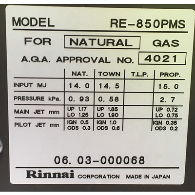 Rinnai Natural Gas Heater - RE-850PMS