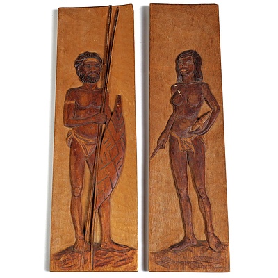 Pair of Vintage Indigenous Figures Carved into Hardwood Slabs - Signed Verso O. Kuster (2)
