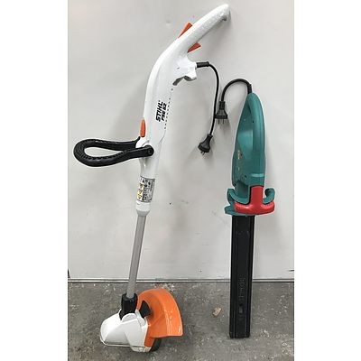Stihl Electric Line Trimmer with Bosch Electric Hedge Trimmer