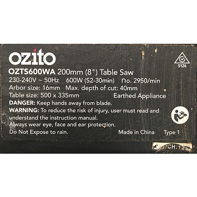 Ozito 200mm, 600w Table Saw - OZTS600WA