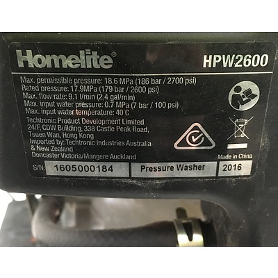 Homelite 173cc 2600Psi 4 Stroke Petrol Pressure Washer